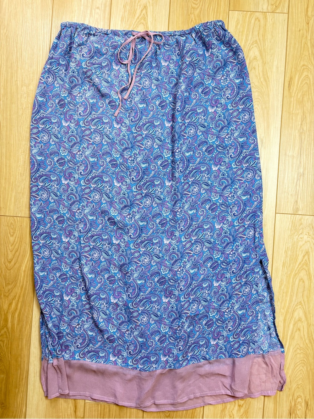 Fairycore Flowy Delicate Blue Purple Paisley Maxi Skirt with Pink Hem XL